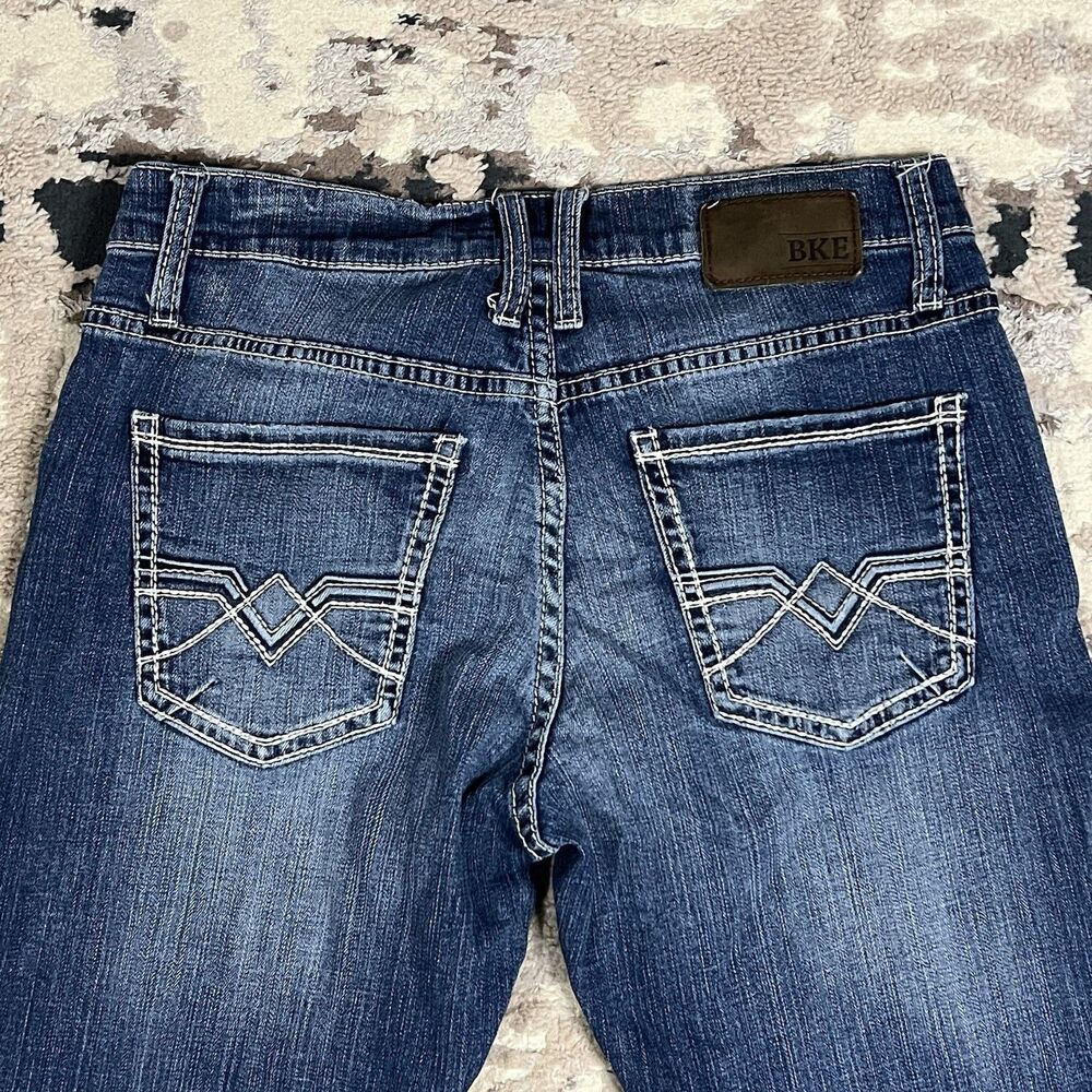 BKE Jake Straight Leg Jeans Mens 32Lx33 Blue Whiskered Stretch Denim Buckle - Picture 8 of 12